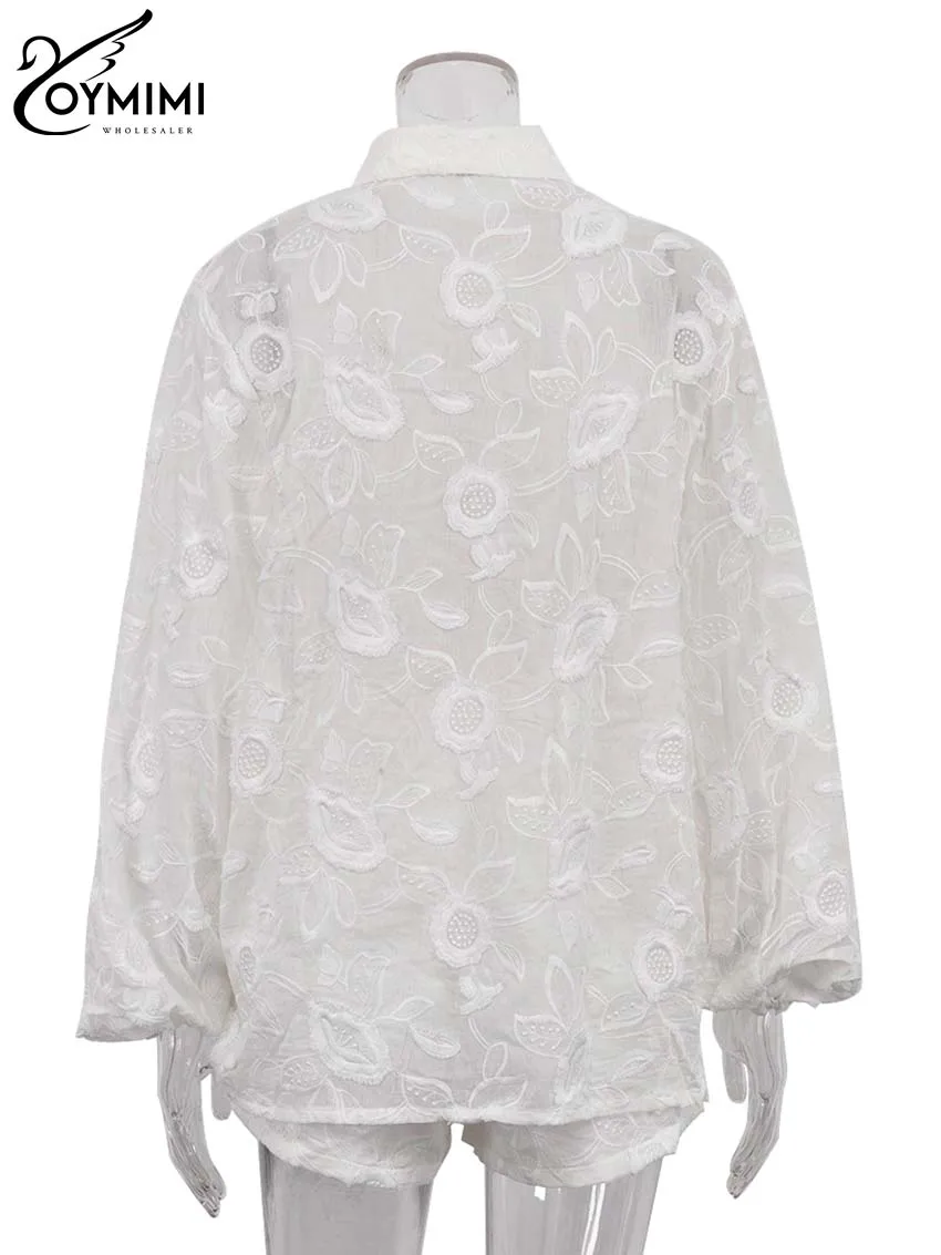 Oymimi Summer White Cotton 2 Piece Sets Women Outfit Casual Jacquard Button Wrist Sleeve Shirts And High Waist Shorts Female Set