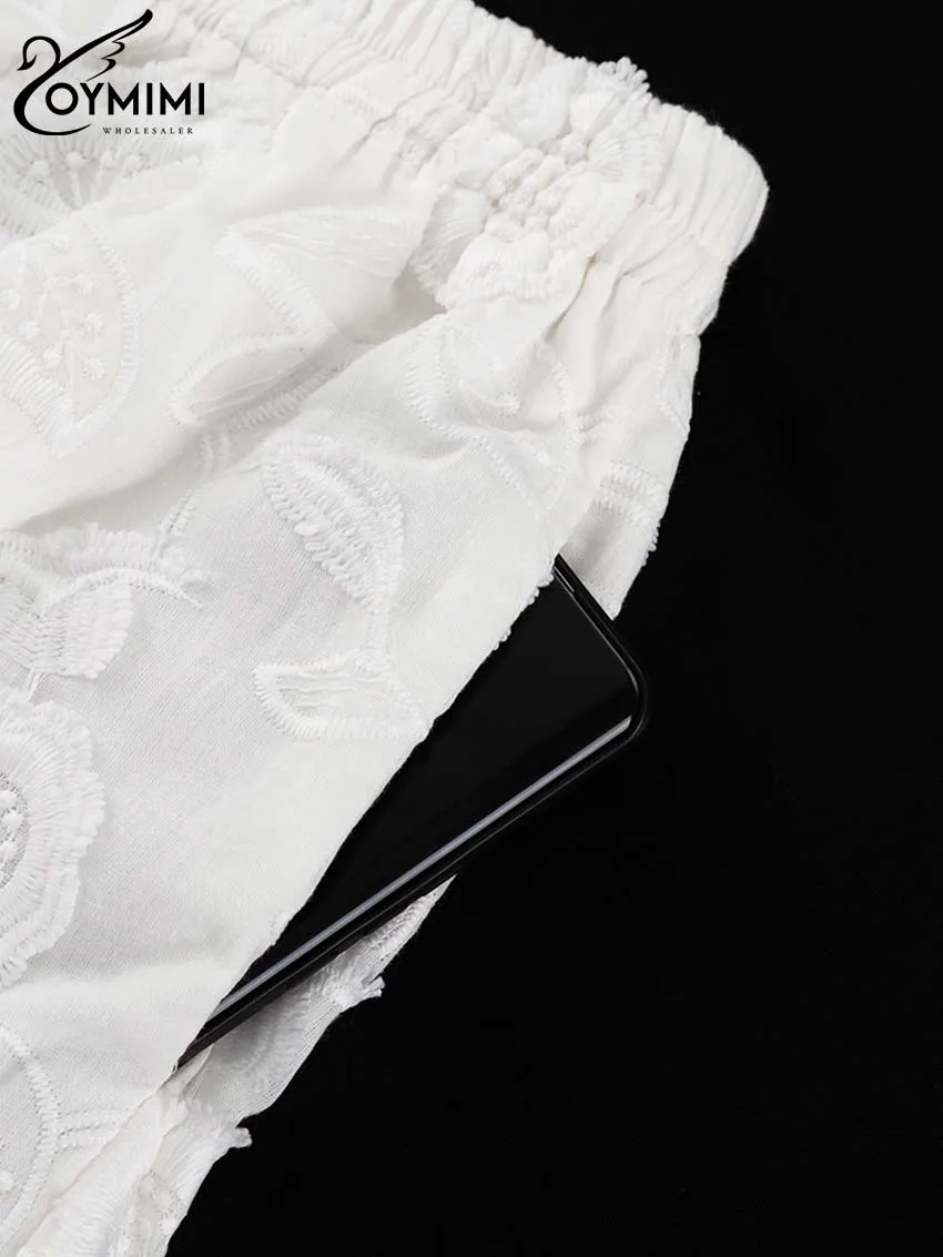 Oymimi Summer White Cotton 2 Piece Sets Women Outfit Casual Jacquard Button Wrist Sleeve Shirts And High Waist Shorts Female Set
