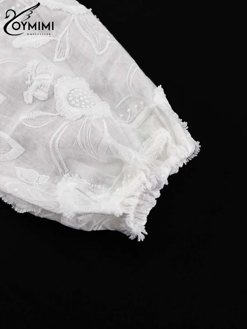 Oymimi Summer White Cotton 2 Piece Sets Women Outfit Casual Jacquard Button Wrist Sleeve Shirts And High Waist Shorts Female Set