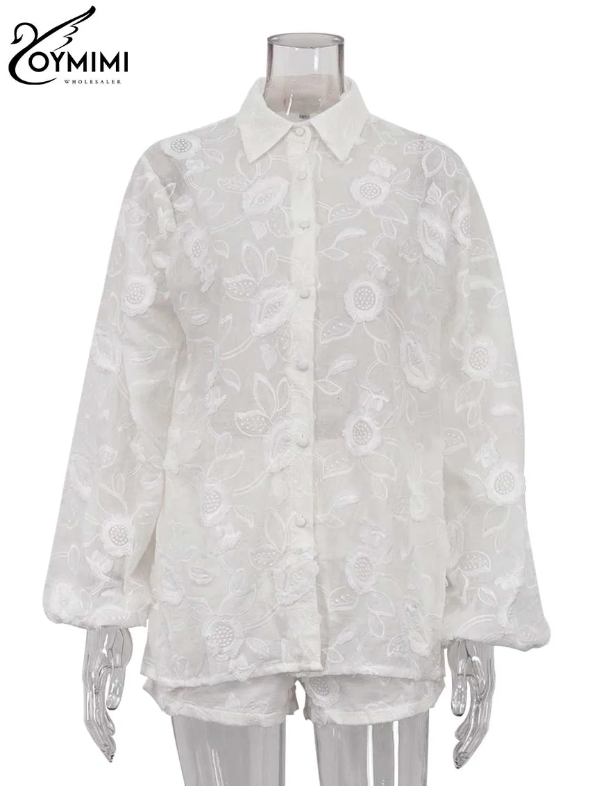 Oymimi Summer White Cotton 2 Piece Sets Women Outfit Casual Jacquard Button Wrist Sleeve Shirts And High Waist Shorts Female Set