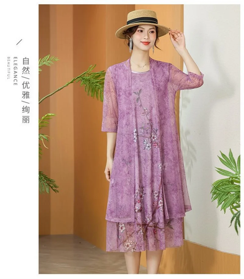 Women Chiffon Dress Set Summer 2 Piece Set Fashion Sunscreen Cardigan Jacket Mother Elegant Lace Dress Suit Noble Femme 4XL
