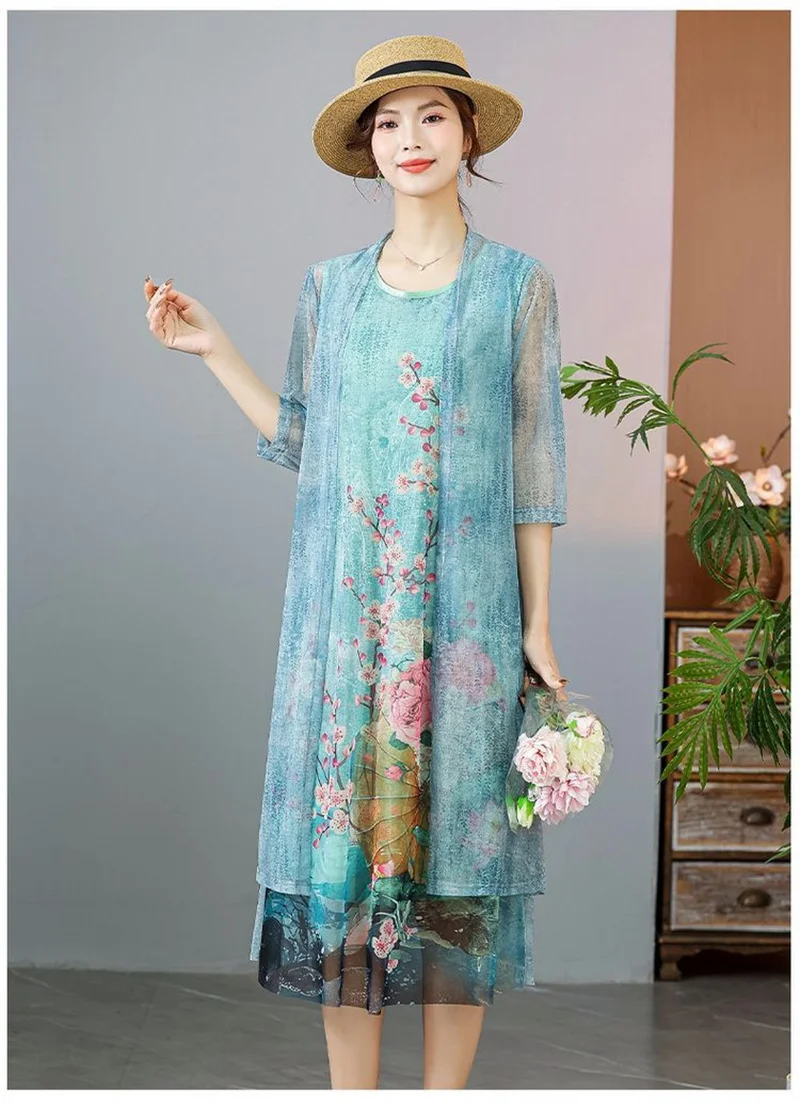 Women Chiffon Dress Set Summer 2 Piece Set Fashion Sunscreen Cardigan Jacket Mother Elegant Lace Dress Suit Noble Femme 4XL