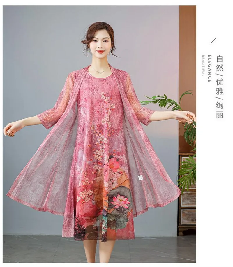 Women Chiffon Dress Set Summer 2 Piece Set Fashion Sunscreen Cardigan Jacket Mother Elegant Lace Dress Suit Noble Femme 4XL
