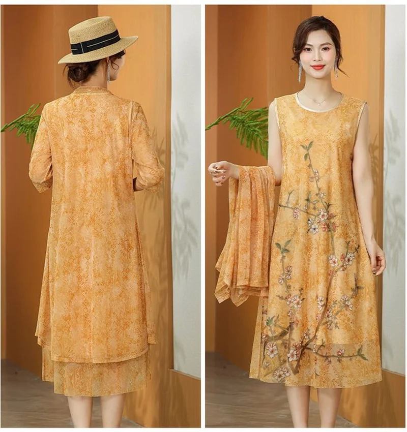 Women Chiffon Dress Set Summer 2 Piece Set Fashion Sunscreen Cardigan Jacket Mother Elegant Lace Dress Suit Noble Femme 4XL