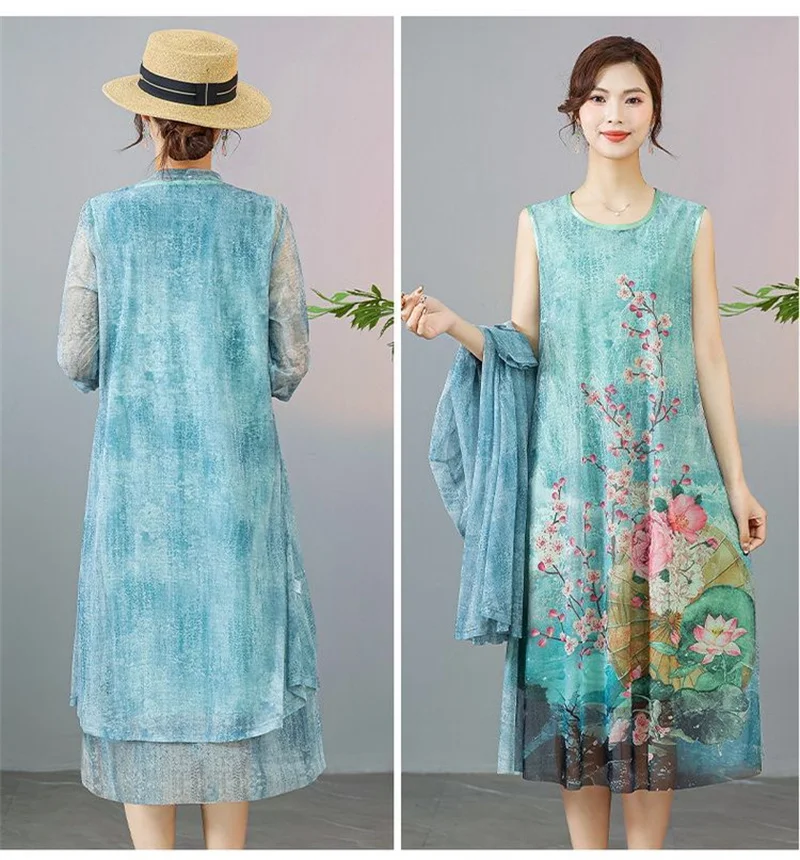 Women Chiffon Dress Set Summer 2 Piece Set Fashion Sunscreen Cardigan Jacket Mother Elegant Lace Dress Suit Noble Femme 4XL