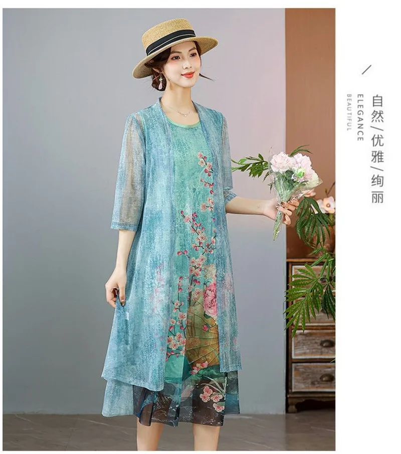 Women Chiffon Dress Set Summer 2 Piece Set Fashion Sunscreen Cardigan Jacket Mother Elegant Lace Dress Suit Noble Femme 4XL