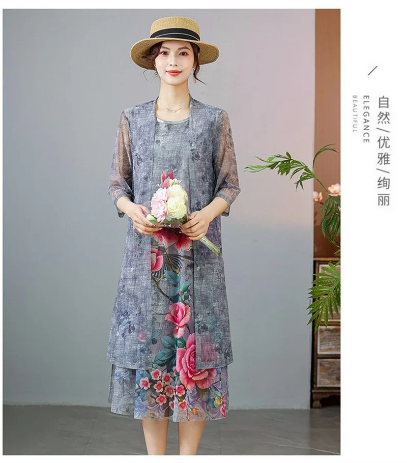 Women Chiffon Dress Set Summer 2 Piece Set Fashion Sunscreen Cardigan Jacket Mother Elegant Lace Dress Suit Noble Femme 4XL