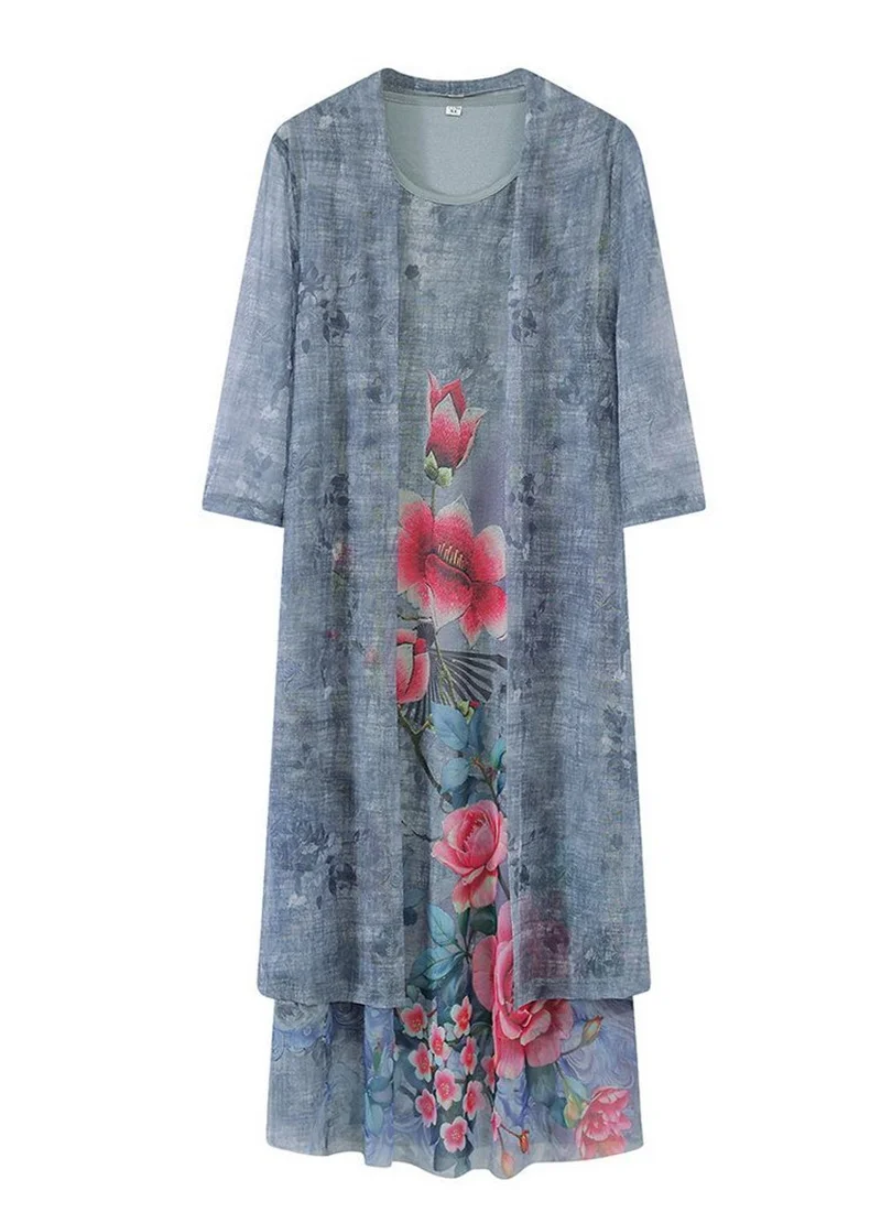 Women Chiffon Dress Set Summer 2 Piece Set Fashion Sunscreen Cardigan Jacket Mother Elegant Lace Dress Suit Noble Femme 4XL