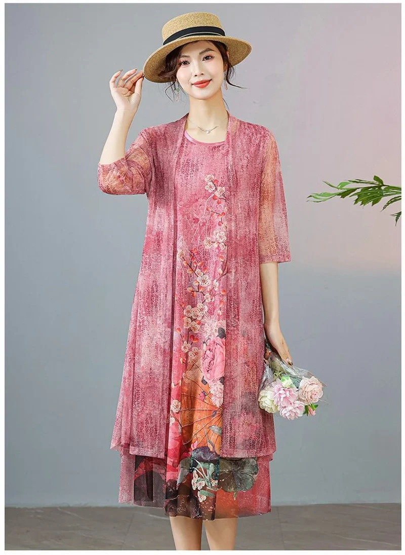 Women Chiffon Dress Set Summer 2 Piece Set Fashion Sunscreen Cardigan Jacket Mother Elegant Lace Dress Suit Noble Femme 4XL