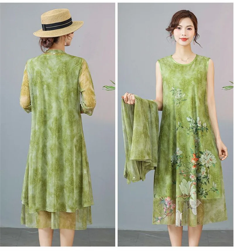 Women Chiffon Dress Set Summer 2 Piece Set Fashion Sunscreen Cardigan Jacket Mother Elegant Lace Dress Suit Noble Femme 4XL