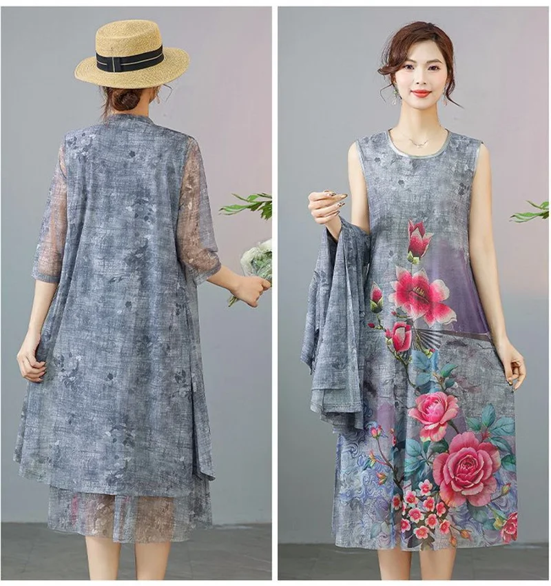 Women Chiffon Dress Set Summer 2 Piece Set Fashion Sunscreen Cardigan Jacket Mother Elegant Lace Dress Suit Noble Femme 4XL