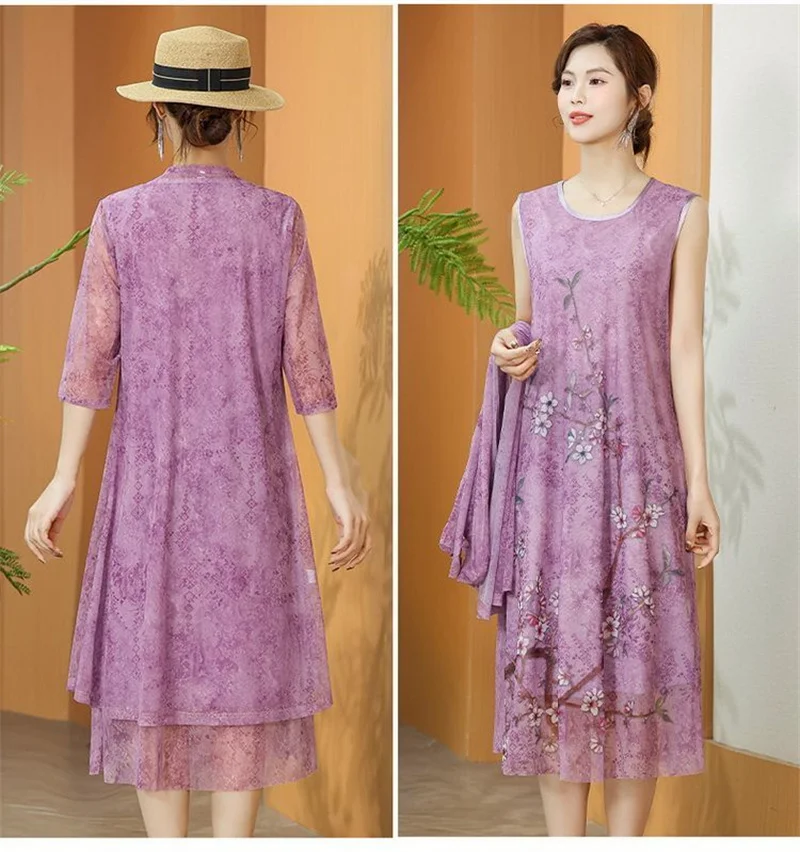 Women Chiffon Dress Set Summer 2 Piece Set Fashion Sunscreen Cardigan Jacket Mother Elegant Lace Dress Suit Noble Femme 4XL