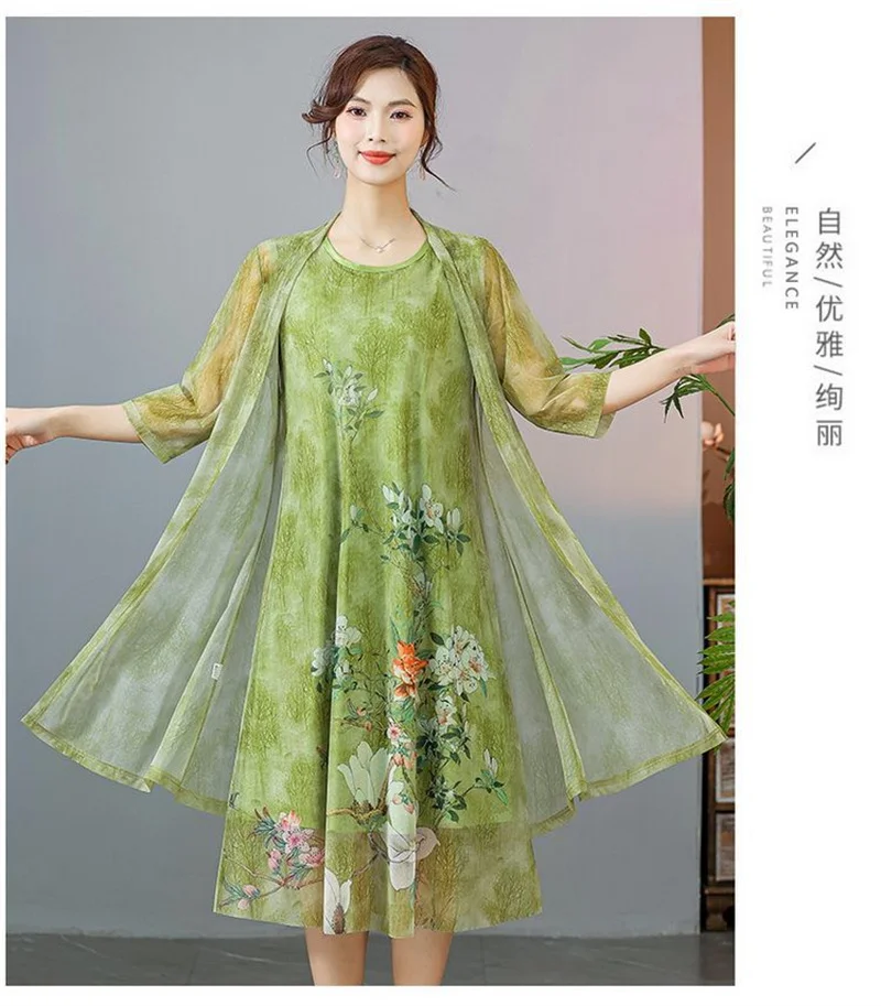 Women Chiffon Dress Set Summer 2 Piece Set Fashion Sunscreen Cardigan Jacket Mother Elegant Lace Dress Suit Noble Femme 4XL