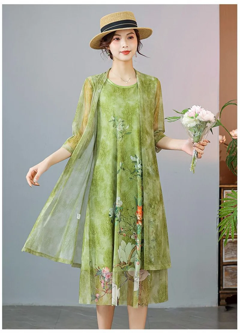 Women Chiffon Dress Set Summer 2 Piece Set Fashion Sunscreen Cardigan Jacket Mother Elegant Lace Dress Suit Noble Femme 4XL