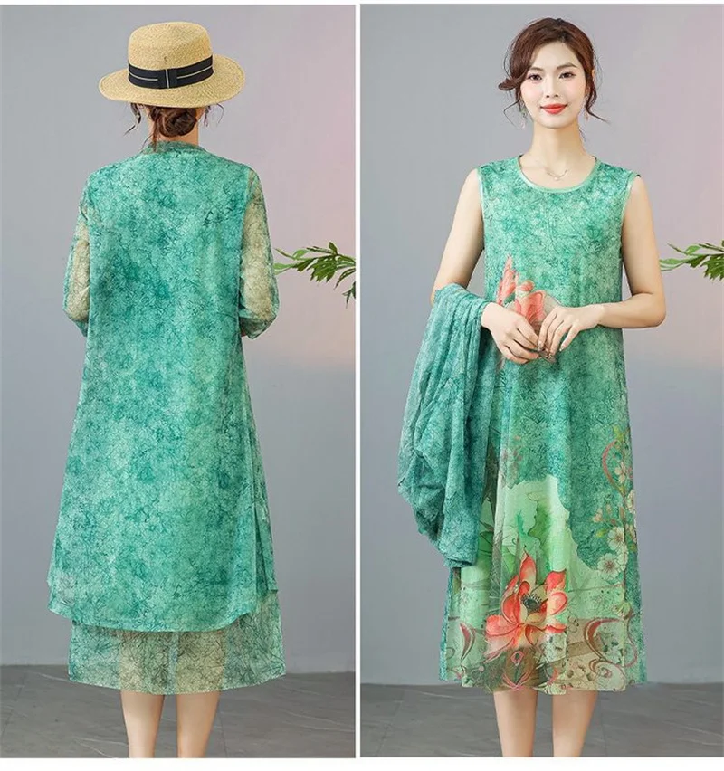 Women Chiffon Dress Set Summer 2 Piece Set Fashion Sunscreen Cardigan Jacket Mother Elegant Lace Dress Suit Noble Femme 4XL