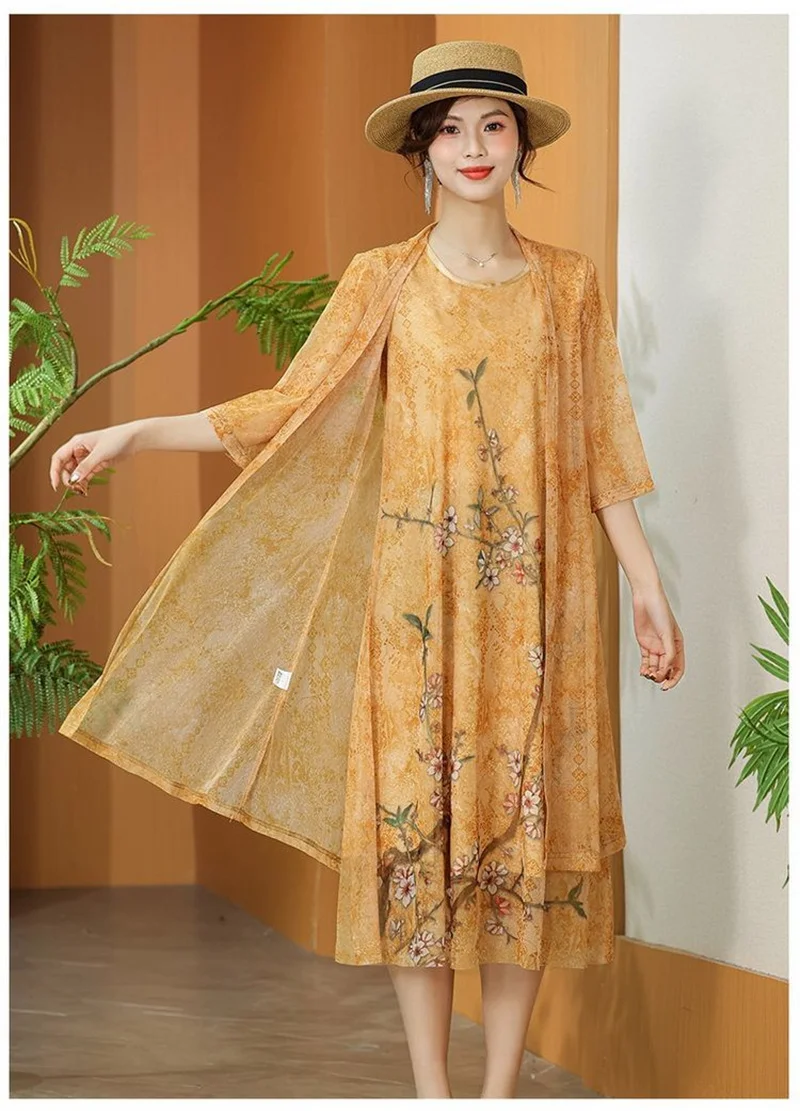 Women Chiffon Dress Set Summer 2 Piece Set Fashion Sunscreen Cardigan Jacket Mother Elegant Lace Dress Suit Noble Femme 4XL