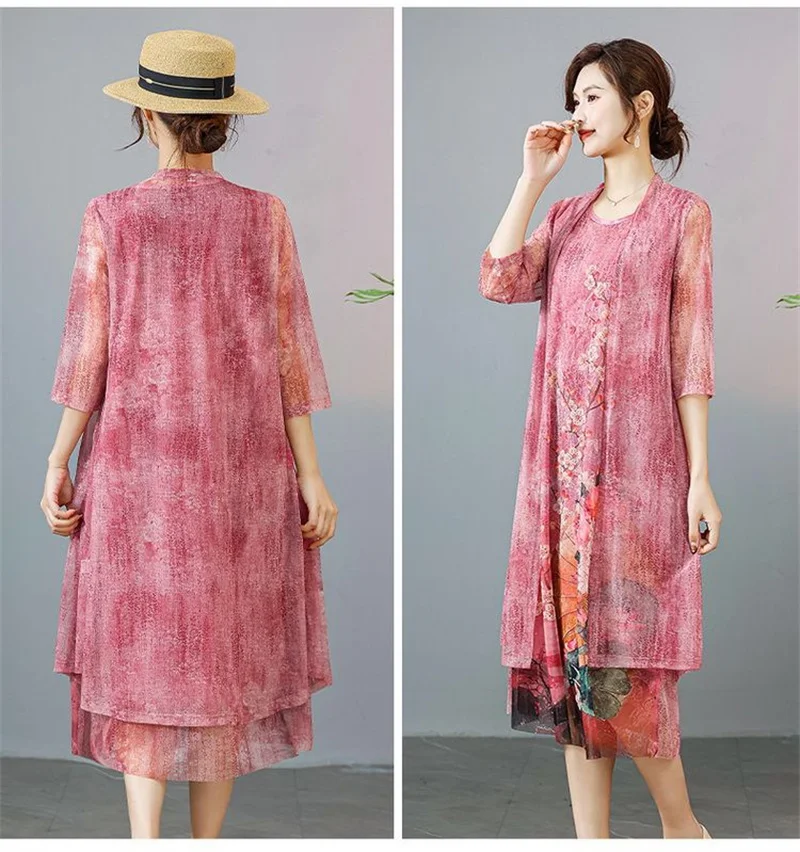 Women Chiffon Dress Set Summer 2 Piece Set Fashion Sunscreen Cardigan Jacket Mother Elegant Lace Dress Suit Noble Femme 4XL