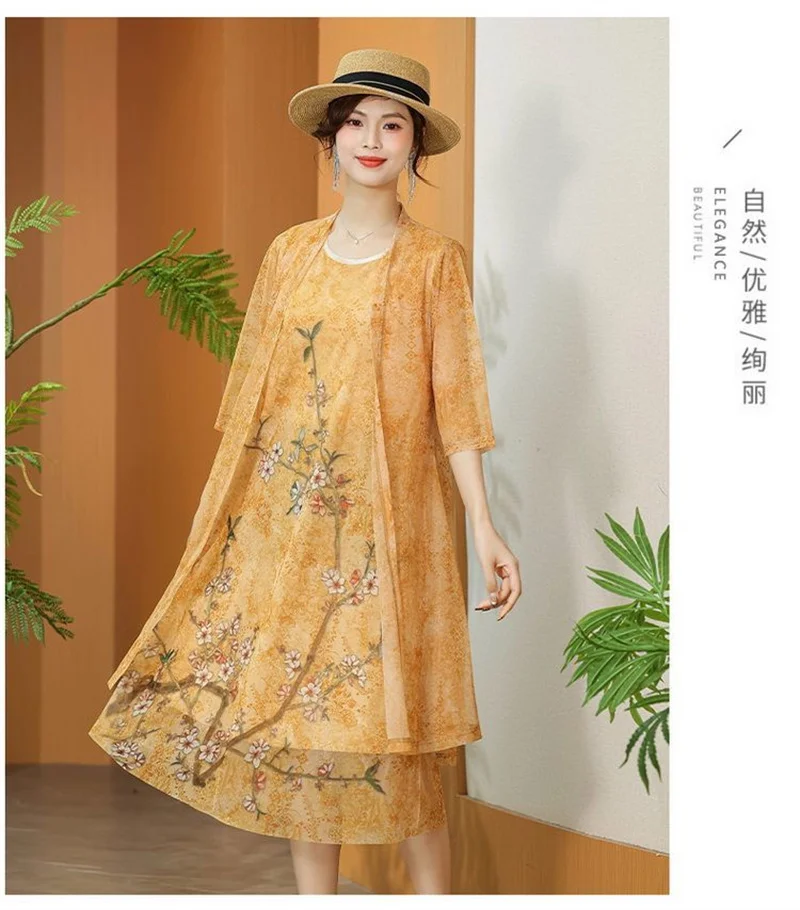 Women Chiffon Dress Set Summer 2 Piece Set Fashion Sunscreen Cardigan Jacket Mother Elegant Lace Dress Suit Noble Femme 4XL