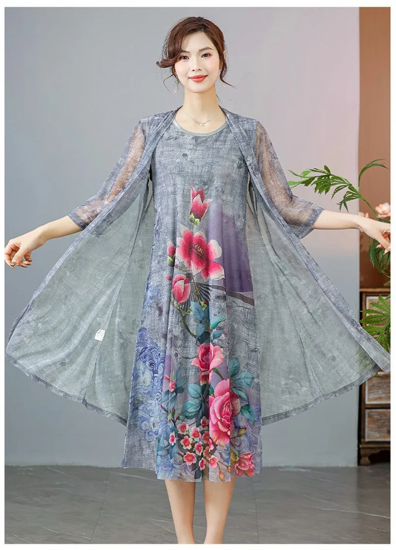 Women Chiffon Dress Set Summer 2 Piece Set Fashion Sunscreen Cardigan Jacket Mother Elegant Lace Dress Suit Noble Femme 4XL