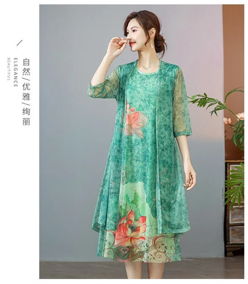 Women Chiffon Dress Set Summer 2 Piece Set Fashion Sunscreen Cardigan Jacket Mother Elegant Lace Dress Suit Noble Femme 4XL