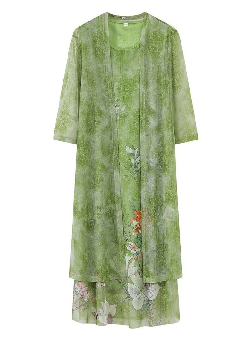 Women Chiffon Dress Set Summer 2 Piece Set Fashion Sunscreen Cardigan Jacket Mother Elegant Lace Dress Suit Noble Femme 4XL