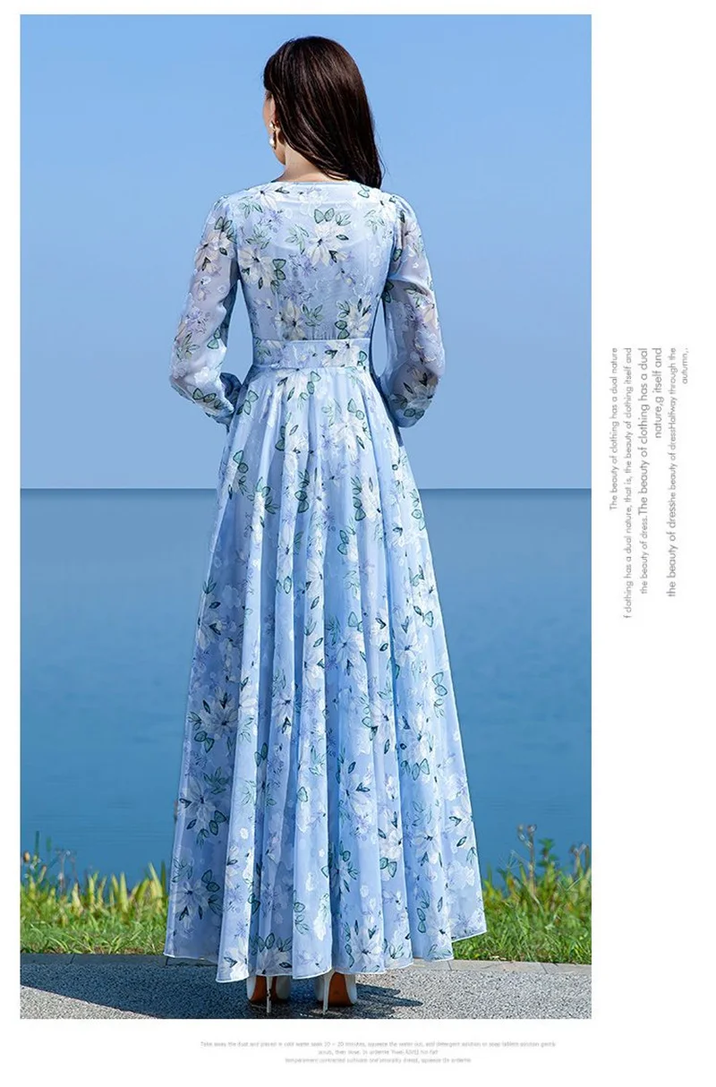 Floral Chiffon Long-Sleeved Dress Female 2026 Spring New Waist Big Swing Dress Slim Temperament V-neck Slim Long Dress Female