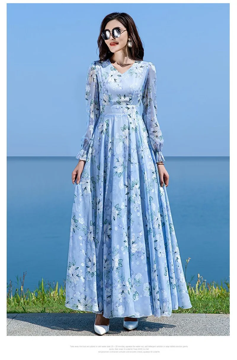 Floral Chiffon Long-Sleeved Dress Female 2026 Spring New Waist Big Swing Dress Slim Temperament V-neck Slim Long Dress Female
