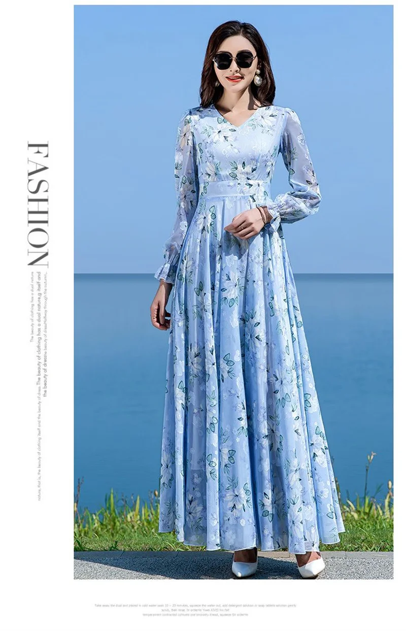 Floral Chiffon Long-Sleeved Dress Female 2026 Spring New Waist Big Swing Dress Slim Temperament V-neck Slim Long Dress Female