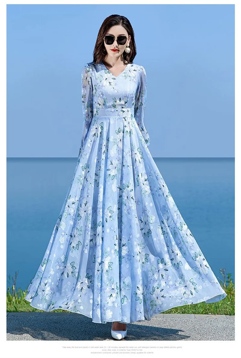 Floral Chiffon Long-Sleeved Dress Female 2026 Spring New Waist Big Swing Dress Slim Temperament V-neck Slim Long Dress Female