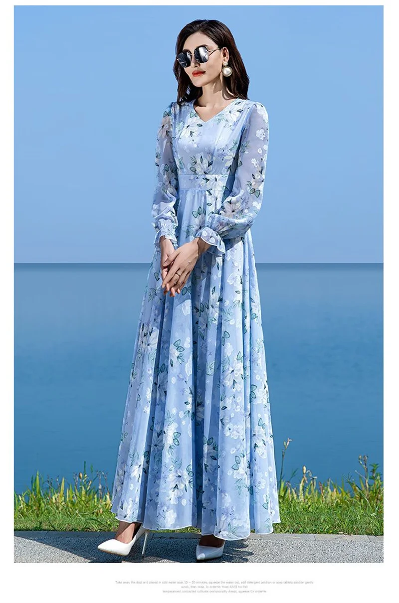 Floral Chiffon Long-Sleeved Dress Female 2026 Spring New Waist Big Swing Dress Slim Temperament V-neck Slim Long Dress Female