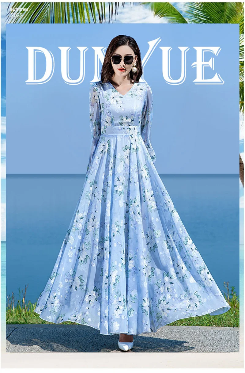 Floral Chiffon Long-Sleeved Dress Female 2026 Spring New Waist Big Swing Dress Slim Temperament V-neck Slim Long Dress Female
