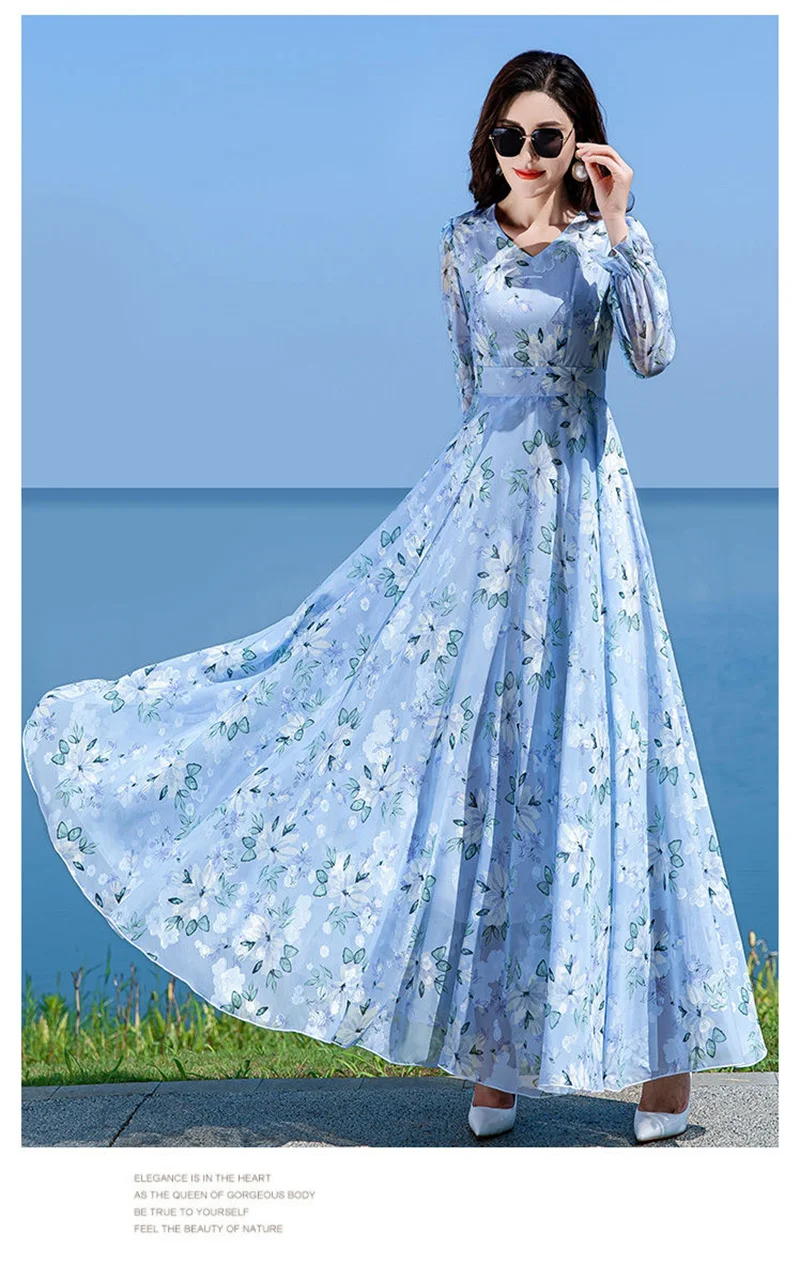 Floral Chiffon Long-Sleeved Dress Female 2026 Spring New Waist Big Swing Dress Slim Temperament V-neck Slim Long Dress Female
