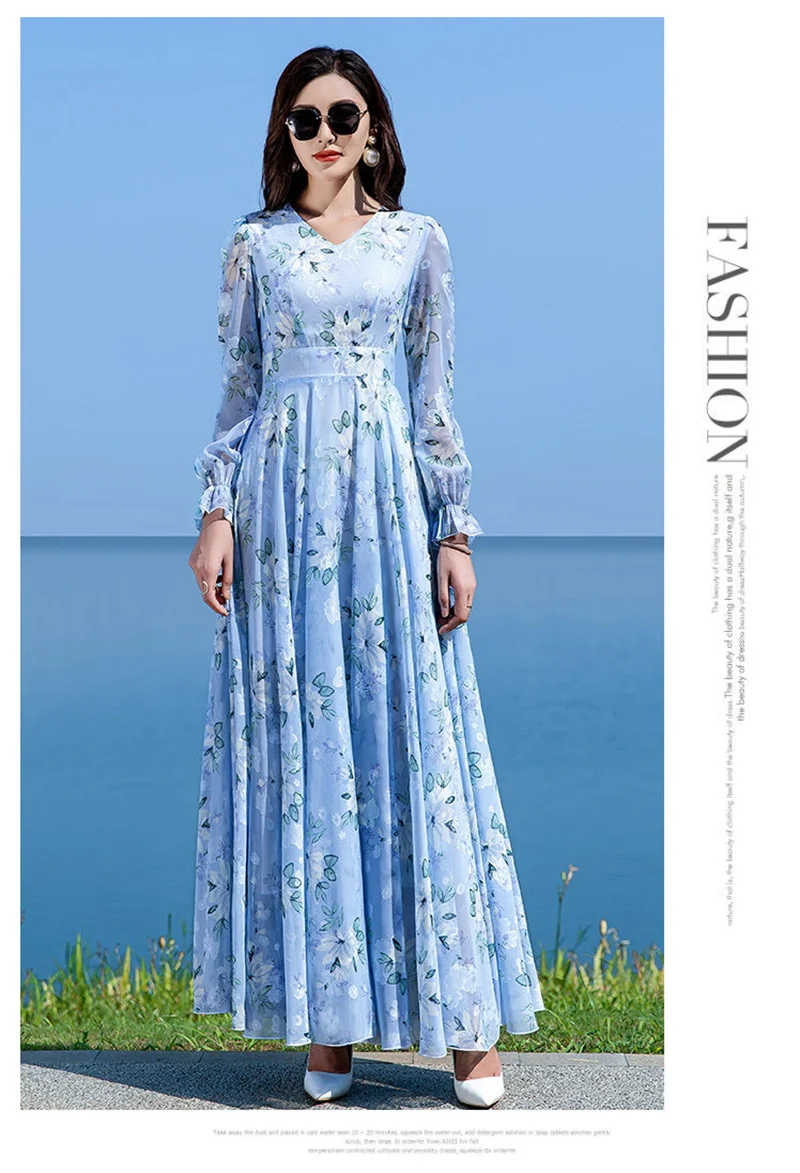 Floral Chiffon Long-Sleeved Dress Female 2026 Spring New Waist Big Swing Dress Slim Temperament V-neck Slim Long Dress Female