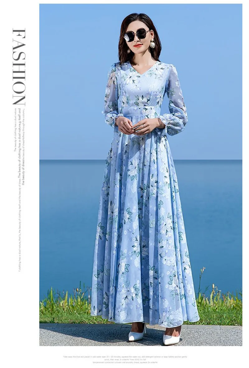 Floral Chiffon Long-Sleeved Dress Female 2026 Spring New Waist Big Swing Dress Slim Temperament V-neck Slim Long Dress Female