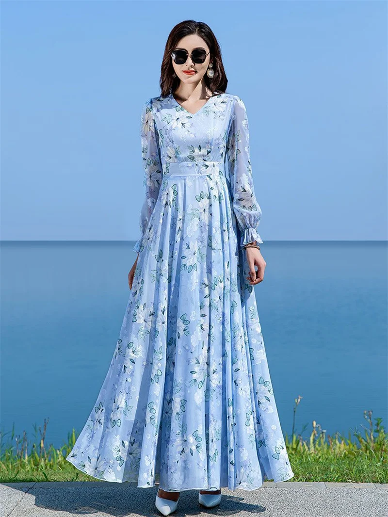 Floral Chiffon Long-Sleeved Dress Female 2026 Spring New Waist Big Swing Dress Slim Temperament V-neck Slim Long Dress Female