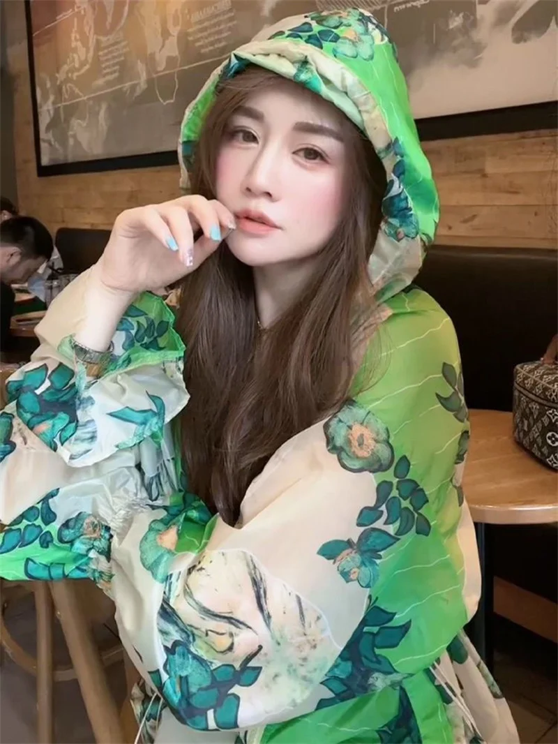 Summer Casual Hooded Sun Protection Clothes For Women's Korean Loose Fitting Floral Ice Silk Cardigan Fashion Top Jacket Thin