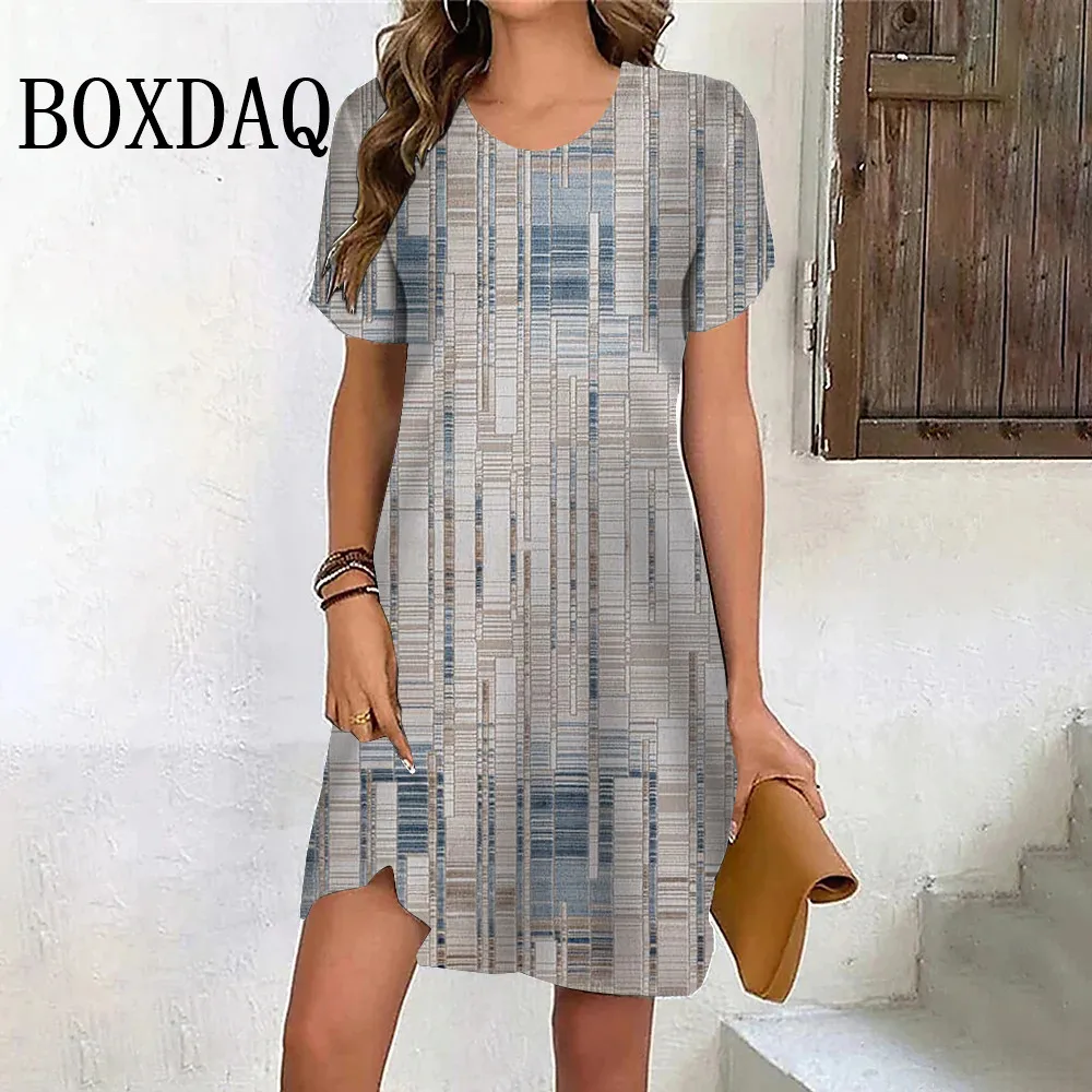 Summer Retro Short Sleeve New Dresses Women Tie Dye Striped Print Dress Casual O-Neck Pullover Loose Mini Dresses Plus Size 6XL