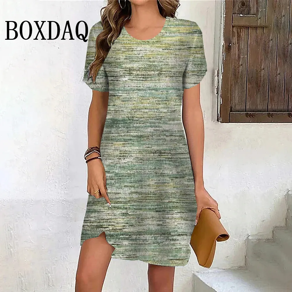 Summer Retro Short Sleeve New Dresses Women Tie Dye Striped Print Dress Casual O-Neck Pullover Loose Mini Dresses Plus Size 6XL