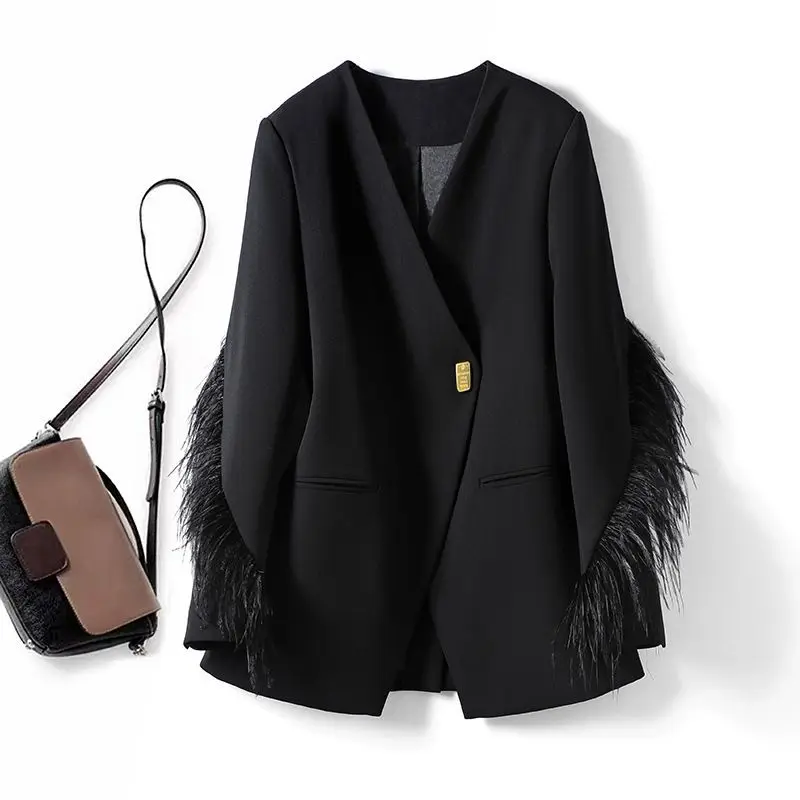 Woman Vintage V-collar Feather Tassel Stitching Blazer Coat Black Loose Suit Jacket Female Long Sleeve Fur Patchwork Outerwear