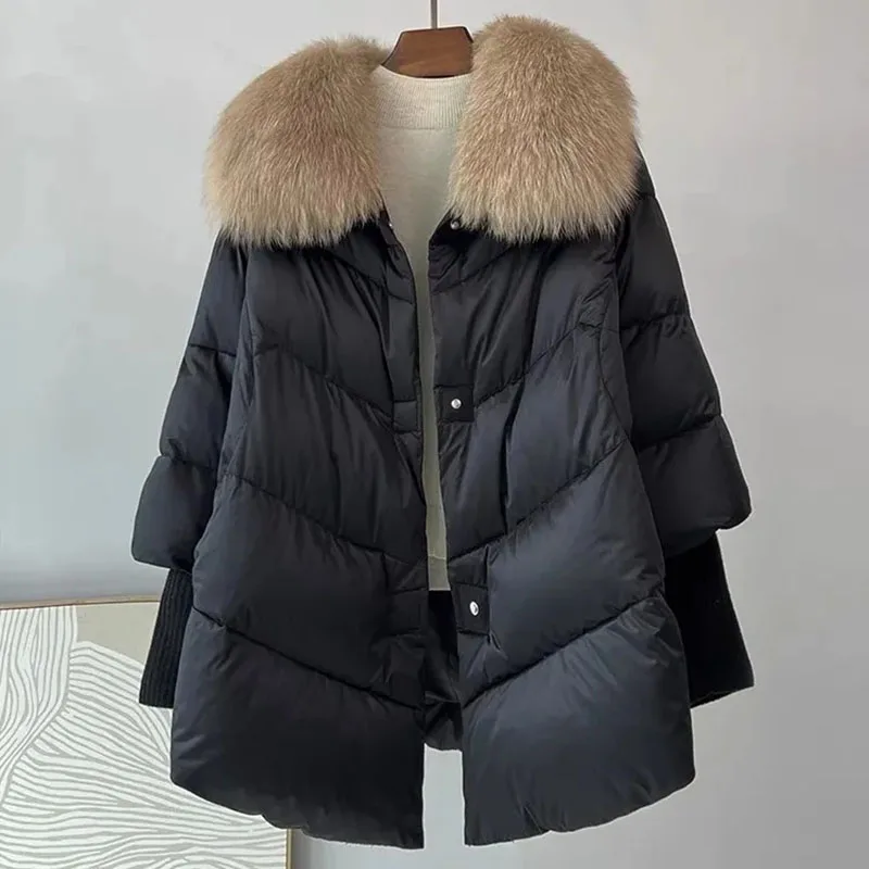 2026 New Womens Winter Coat White Duck Down Jacket With Big Woolen Collar Female Loose Outerwear Fashion Overcoat