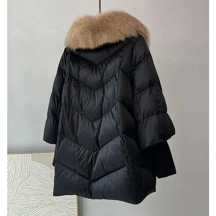2026 New Womens Winter Coat White Duck Down Jacket With Big Woolen Collar Female Loose Outerwear Fashion Overcoat
