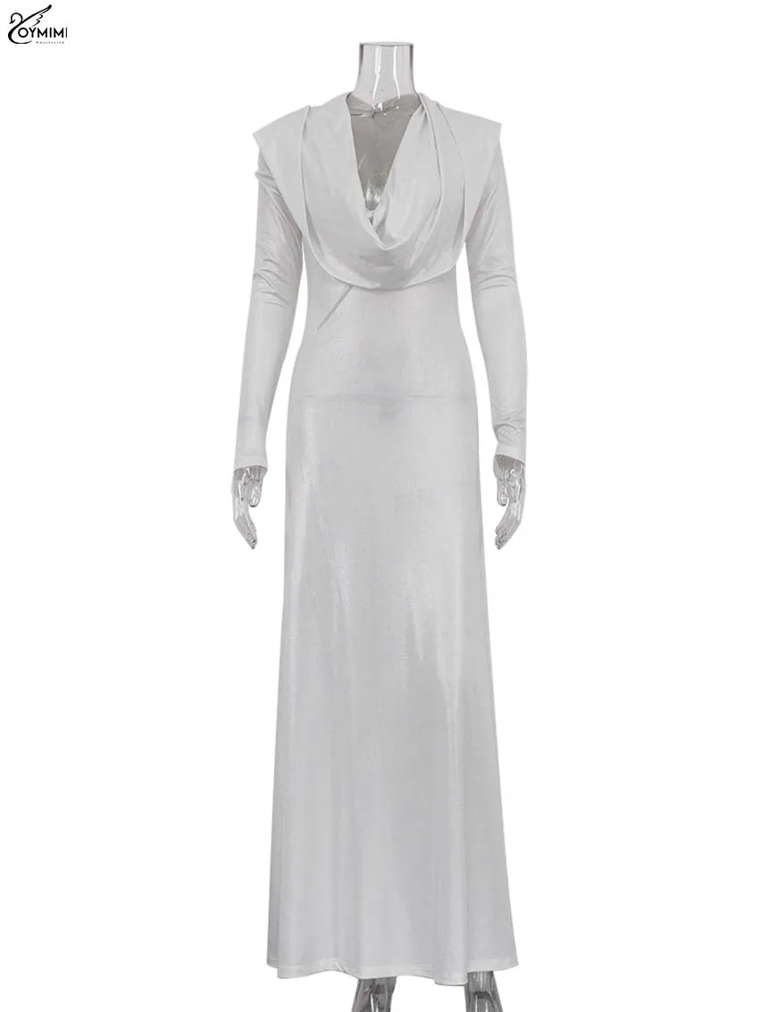 Oymimi Elegant Blue Knitting Women's Dress Fashion Hooded Collar Slim Long Sleeve Dress Casual Solid Floor-Length Dresses Female