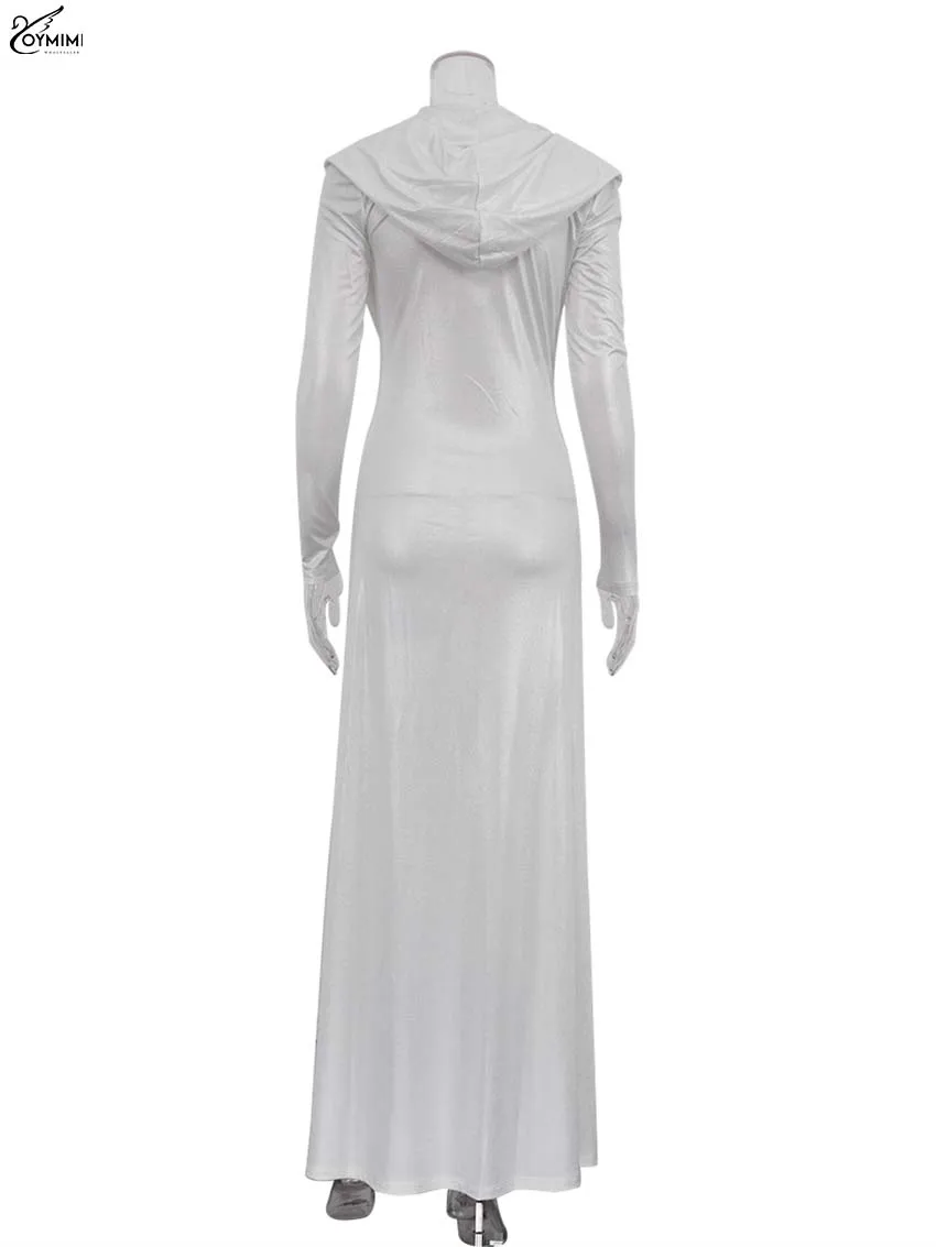 Oymimi Elegant Blue Knitting Women's Dress Fashion Hooded Collar Slim Long Sleeve Dress Casual Solid Floor-Length Dresses Female