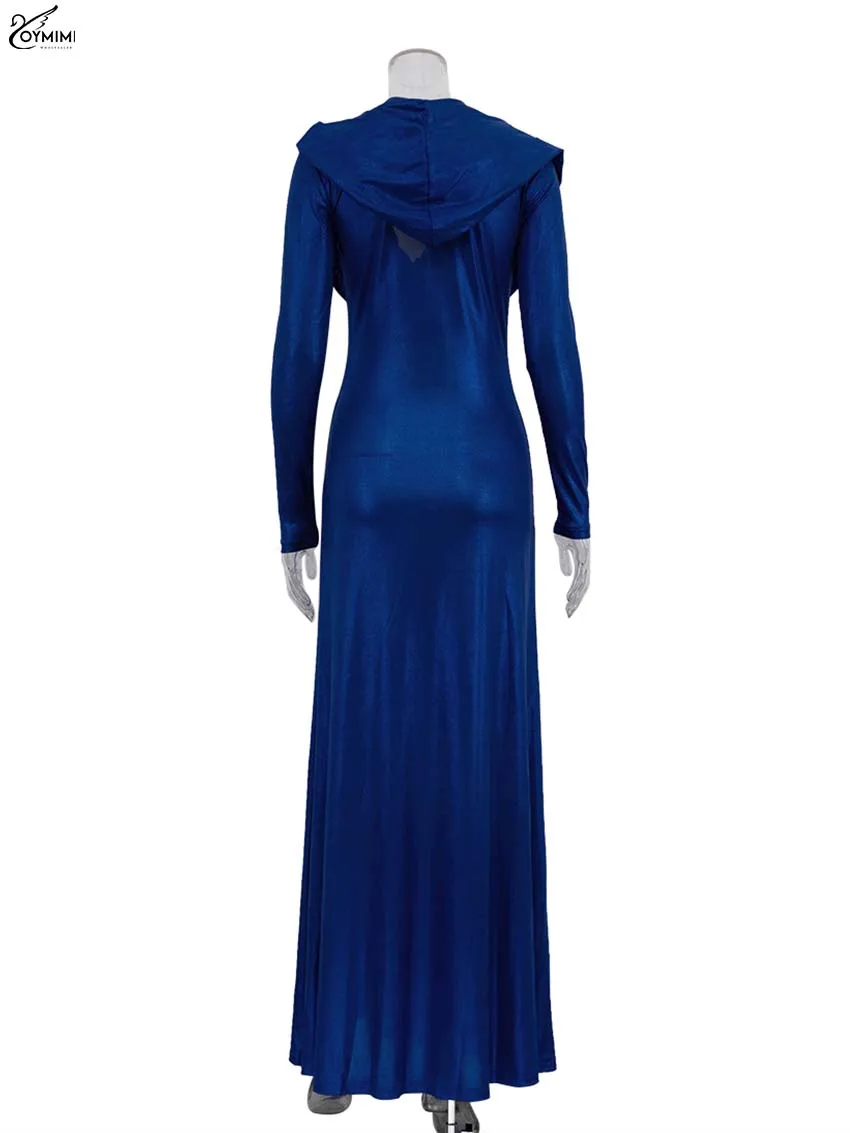 Oymimi Elegant Blue Knitting Women's Dress Fashion Hooded Collar Slim Long Sleeve Dress Casual Solid Floor-Length Dresses Female