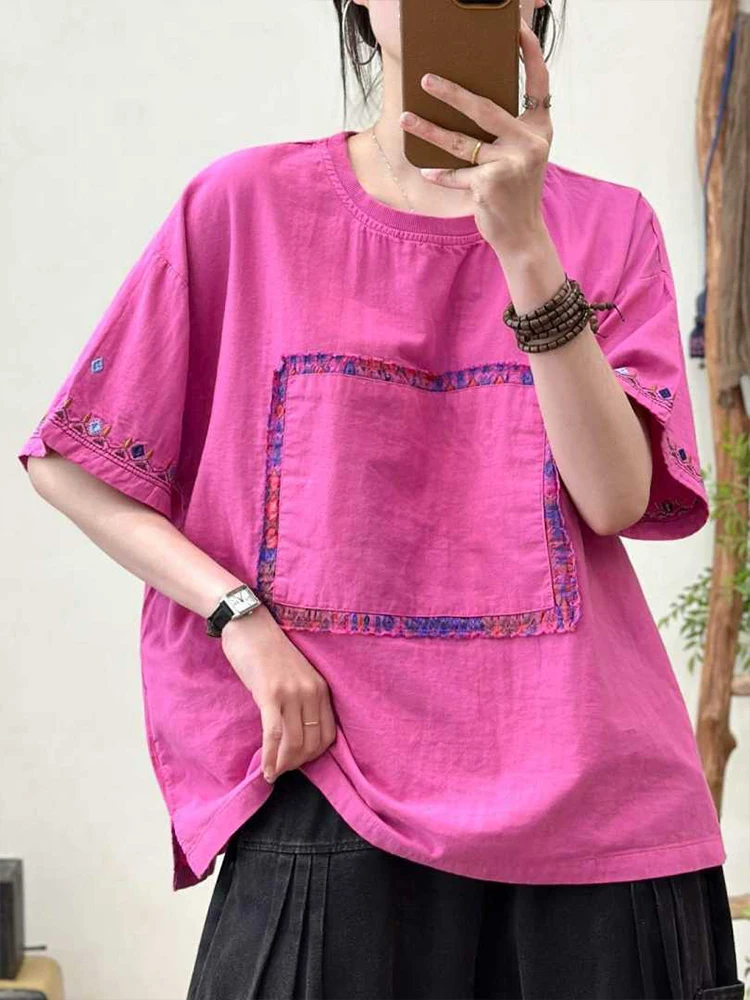 Amax LuluE 2026 Summer Chinese Clothes Womens Fashion Loose Vintage Cotton T-shirts Ladies Classic Casual O Neck Embroidery Tops