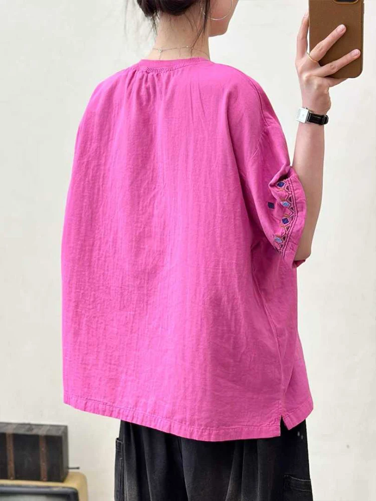 Amax LuluE 2026 Summer Chinese Clothes Womens Fashion Loose Vintage Cotton T-shirts Ladies Classic Casual O Neck Embroidery Tops