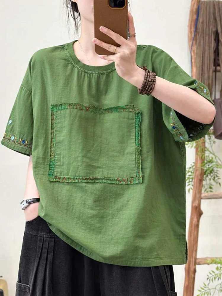 Amax LuluE 2026 Summer Chinese Clothes Womens Fashion Loose Vintage Cotton T-shirts Ladies Classic Casual O Neck Embroidery Tops