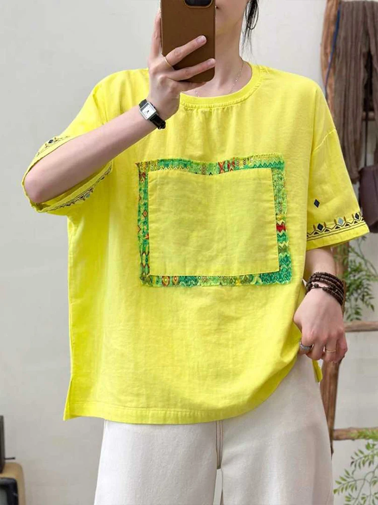 Amax LuluE 2026 Summer Chinese Clothes Womens Fashion Loose Vintage Cotton T-shirts Ladies Classic Casual O Neck Embroidery Tops