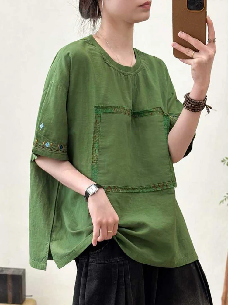 Amax LuluE 2026 Summer Chinese Clothes Womens Fashion Loose Vintage Cotton T-shirts Ladies Classic Casual O Neck Embroidery Tops