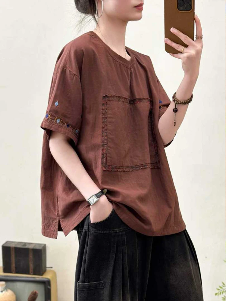 Amax LuluE 2026 Summer Chinese Clothes Womens Fashion Loose Vintage Cotton T-shirts Ladies Classic Casual O Neck Embroidery Tops